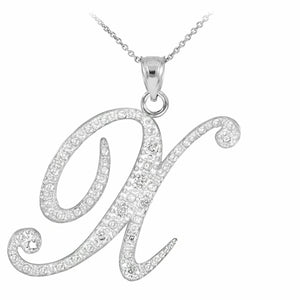 Personalized 925 Sterling Silver CZ Initial Script Letter X Pendant Necklace