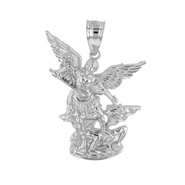 14K Solid White Gold St Michael The Archangel Pendant Necklace