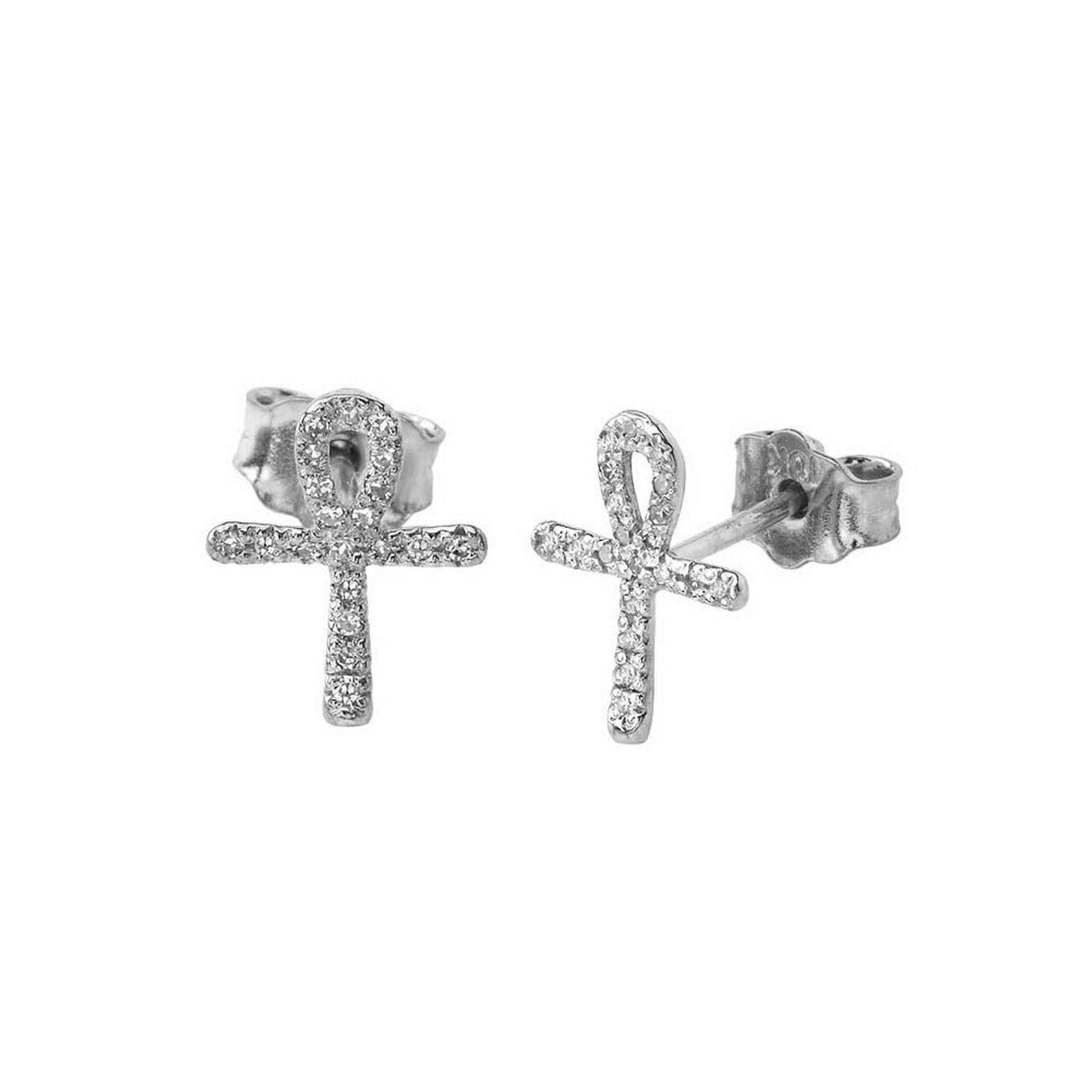 14K Solid White Gold Diamond Mini Ankh Cross Stud Earrings