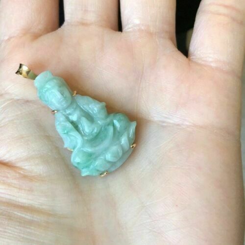 18K Solid Gold Happy Kwan Yin Guanyin Buddha Female Jade Pendant Small