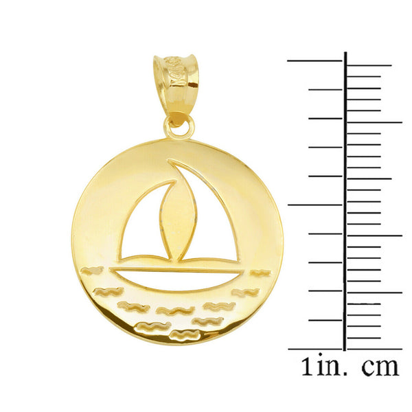 10k Solid Gold Nautical Ocean Waves Sailboat Silhouette Pendant Necklace
