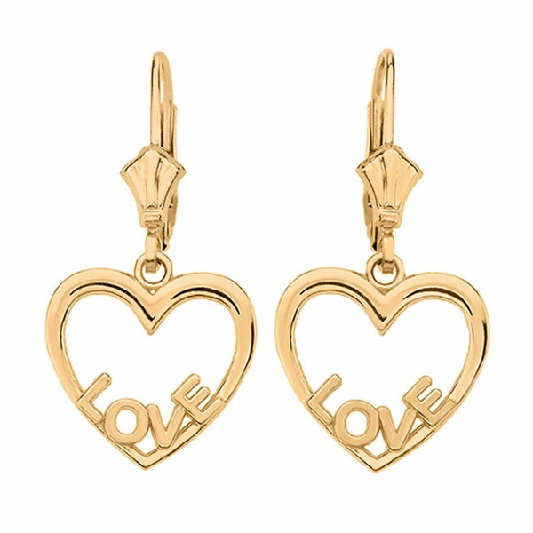 14k Real Yellow Gold Love Heart Drop / Dangle Leverback Earrings