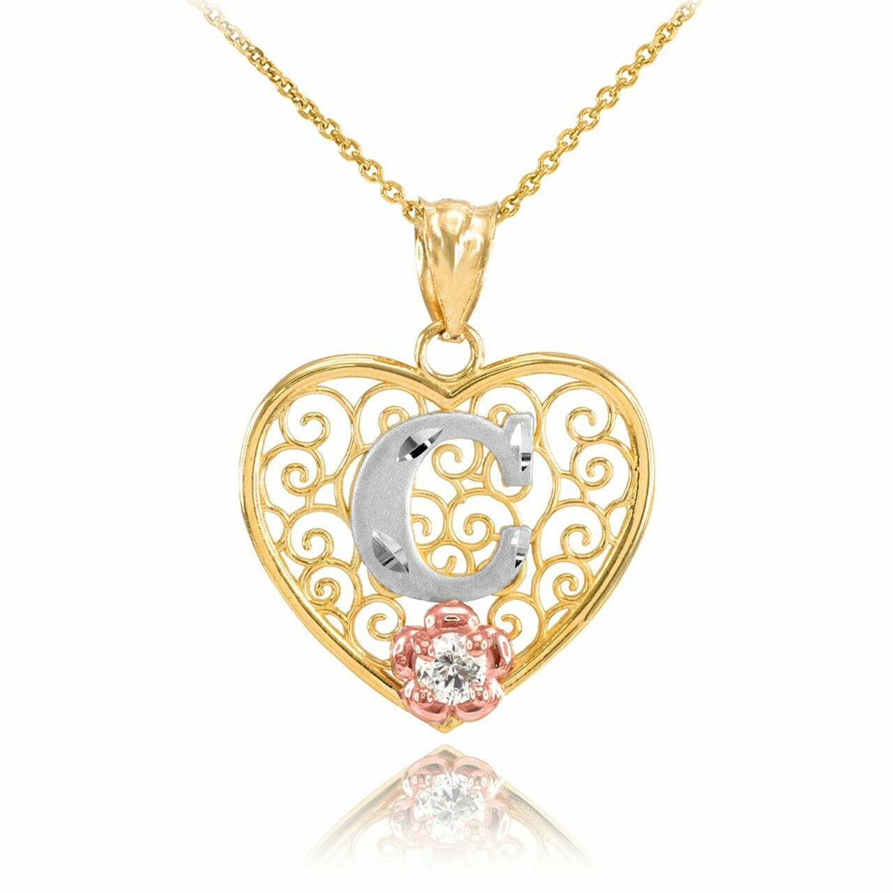 10k Solid Gold Initial Letter C Heart Filigree CZ Pendant Necklace