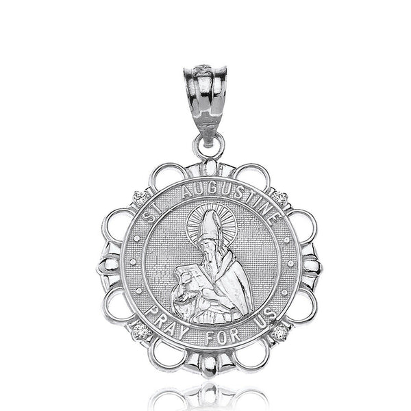 .925 Sterling Silver St CZ Saint Augustine Pray For Us Circle Pendant Necklace