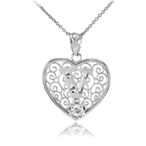 925 Sterling Silver Filigree Heart CZ Initial Letter V Pendant Necklace