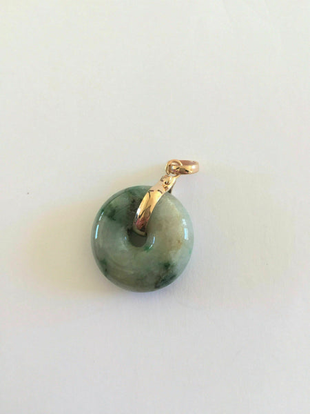 14K Solid Gold Natural Jadeite Jade Donut Round Small Pendant