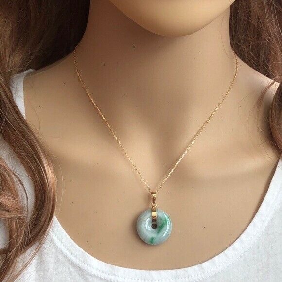 14K Solid Gold Donut Round Natural Jade Pendant / Charm Dainty Adjust Necklace