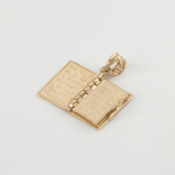 14k Solid Yellow Gold Holy Bible Book with "Our Father Prayer" Pendant Necklace