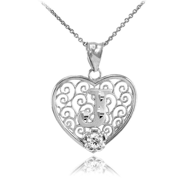 925 Sterling Silver Filigree Heart CZ Initial Letter J Pendant Necklace