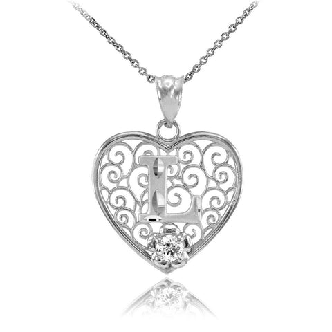 925 Sterling Silver Filigree Heart CZ Initial Letter L Pendant Necklace