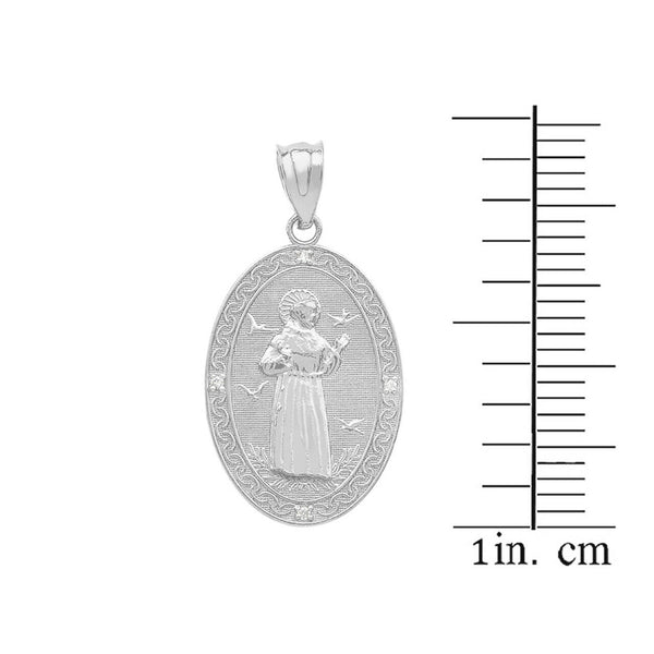 10K Solid Gold Saint Francis of Assisi Oval Medallion Diamond Pendant Necklace