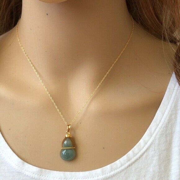 14K Solid Gold Natural Real Jade Gourd Bottle Pendant Necklace -Minimalist