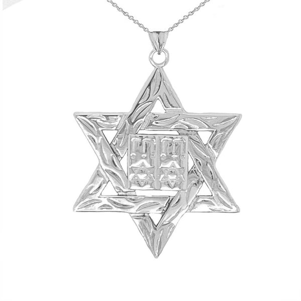 925 Sterling Silver Star of David (Hebrew) Ten Commandment Book Pendant Necklace
