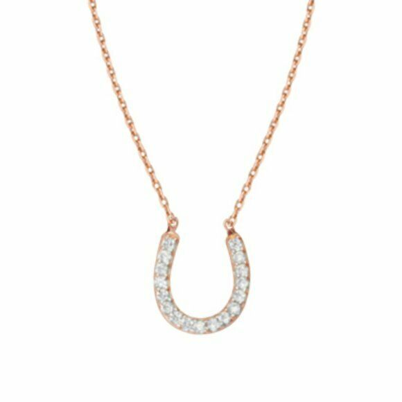 14K Solid Rose Gold Mini Horseshoe CZ Dainty Necklace - Minimalist 16"-18"