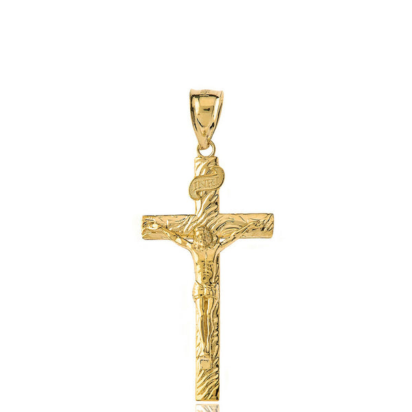 14K Solid Gold INRI Jesus of Nazareth Crucifix Wooden Texture Pendant Necklace