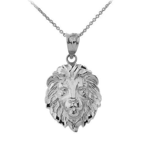 14k White Gold Lion's Face Head Animal Textured Detailed Small Pendant Necklace