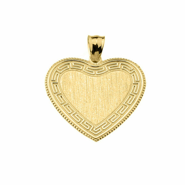 Solid 14k Yellow Gold Greek Key Engravable Heart Pendant Necklace