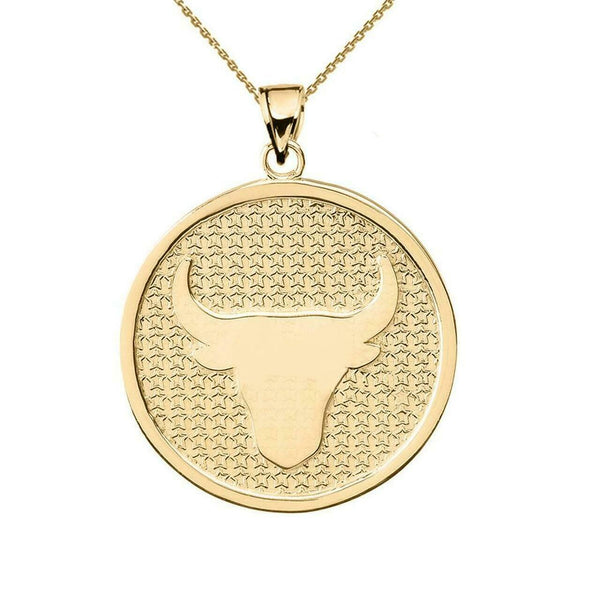 14K Solid Gold Taurus Zodiac Sign Disc Round Pendant Necklace 16" 18" 20" 22"