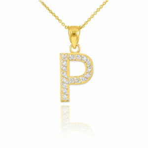 14k Solid Yellow Gold Diamonds Monogram Initial Letter P Pendant Necklace
