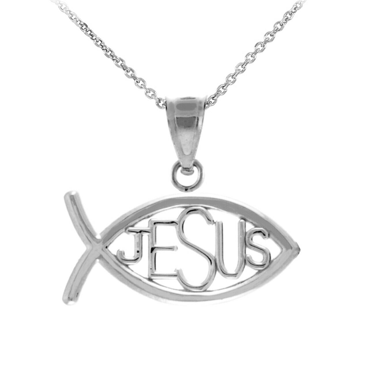 925 Sterling Silver Ichthus JESUS Inscribed Horizontal Pendant Necklace