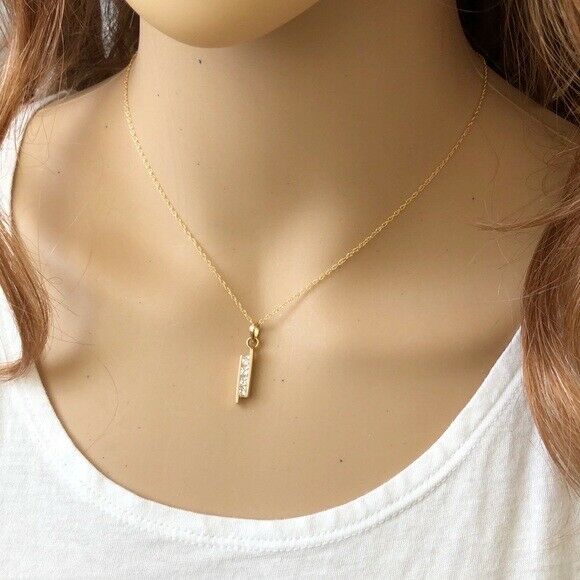 14K Solid Gold Small CZ Bar Pendant Dainty Necklace 16"-18" adjustable