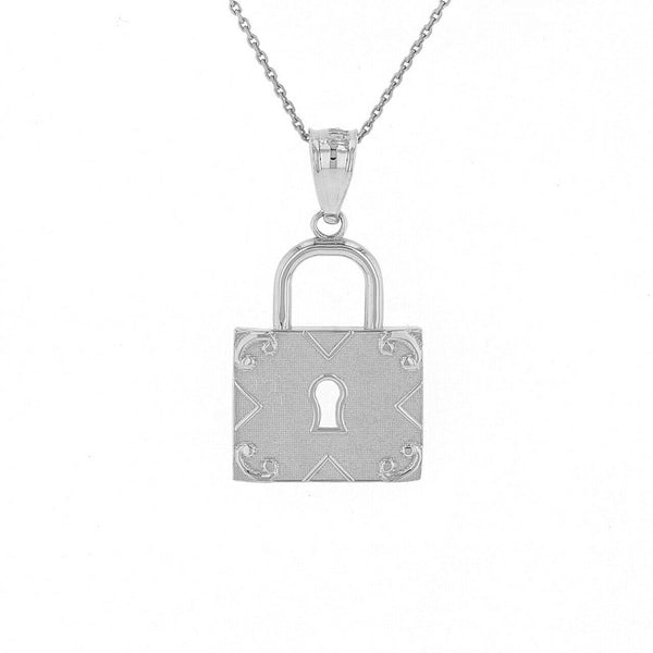14K Solid Gold Swirl Rectangle Keyhole Padlock Pendant Necklace