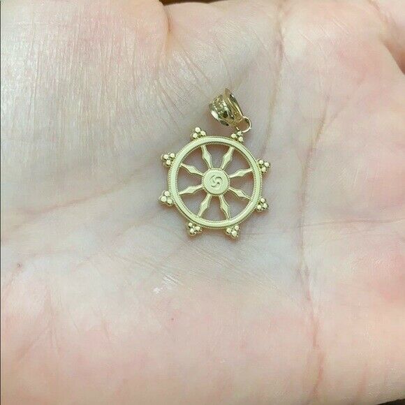 14k Solid Yellow Gold Buddhism Dharmachakra Dharma Wheel Pendant Necklace