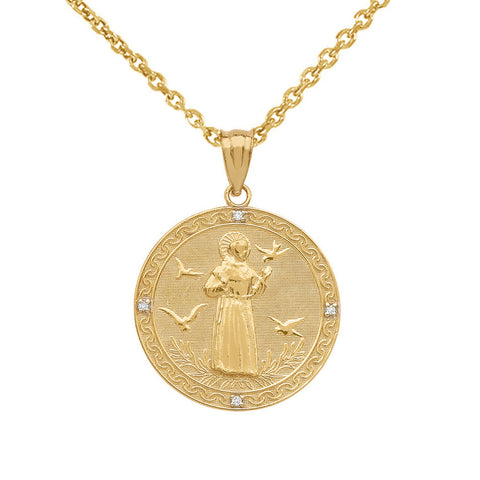 14K Solid Gold St Francis of Assisi Circle Medallion Diamond Pendant Necklace