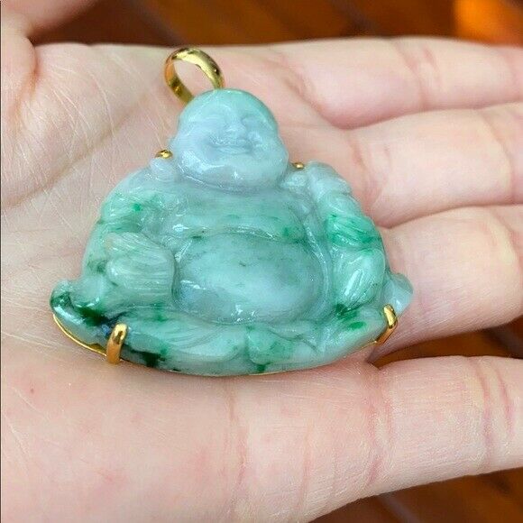 14K Solid Real Gold Natural Jadeite Jade Happy Laughing Buddha Pendant 705