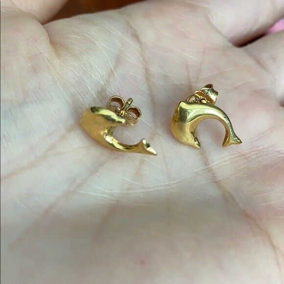 14K Solid Yellow Gold Dolphin Stud Earrings