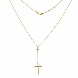 14K Solid Yellow Gold Diamond Double Cross Adjustable Necklace 16"-18"