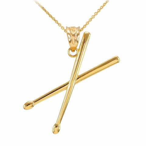 14k Yellow Gold 3D Drum Sticks Music Charm Rock Band Pendant Necklace