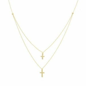 14K Solid Gold Layer Double Strand Mini Cross Necklace Religious 16"-18"