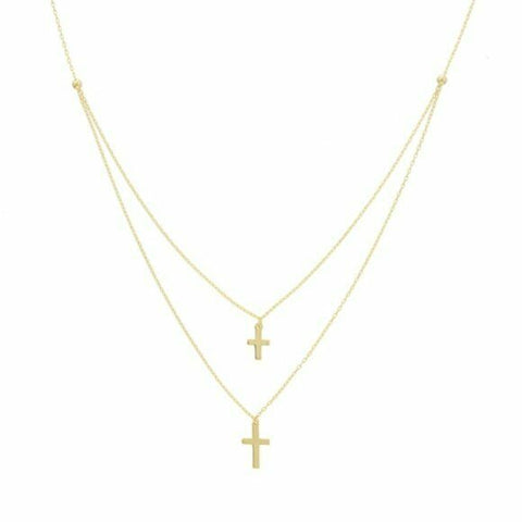 14K Solid Gold Layer Double Strand Mini Cross Necklace Religious 16"-18"