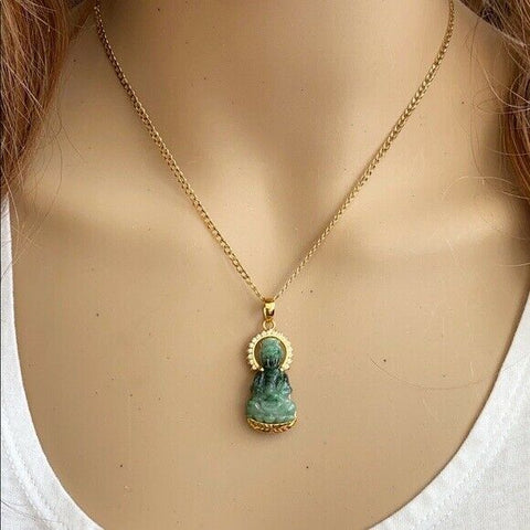 14K Real Gold Natural Jadeite Jade Guanyin Kwan Yin Female Buddha Pendant