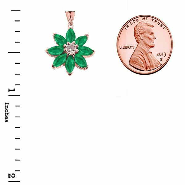 Solid 14k Rose Gold Genuine Emerald and Diamond Daisy Pendant Necklace