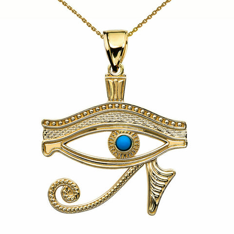 10k Yellow Gold Egyptian Protect Eye of Horus Turquoise Stone Pendant Necklace