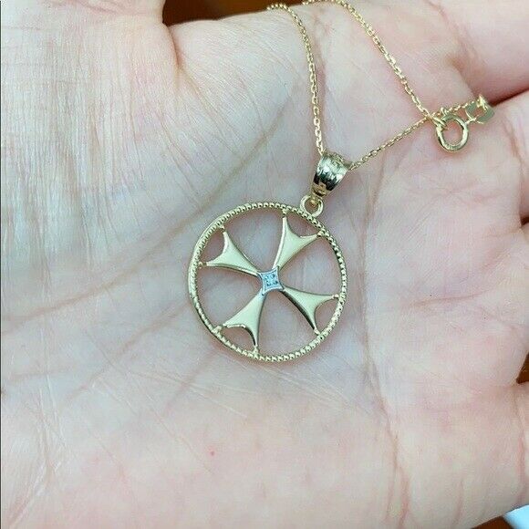 10k Solid Yellow Gold Diamond Maltese Cross Pendant Necklace 16" 18" 20" 22"