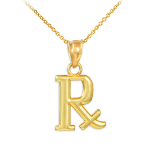 14K Solid Yellow Gold Pharmacy Rx Prescription Symbol Pendant Necklace