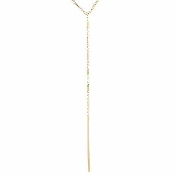 14K Solid Yellow Gold Hawley St. Small Bar Drop Dangle Lariat Necklace 16"-18"