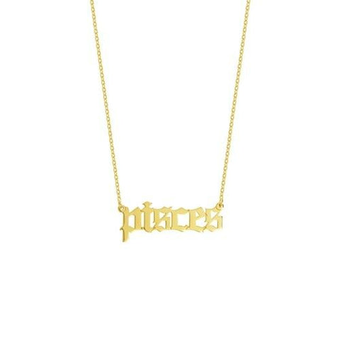 14K Solid Yellow Real Fine Gold Gothic Script Pisces Zodiac Necklace Adjustable