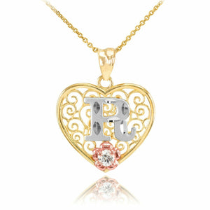 10k Solid Gold Initial Letter R Heart Filigree CZ Pendant Necklace