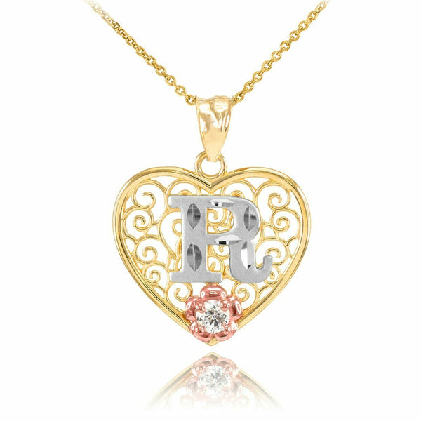 10k Solid Gold Initial Letter R Heart Filigree CZ Pendant Necklace