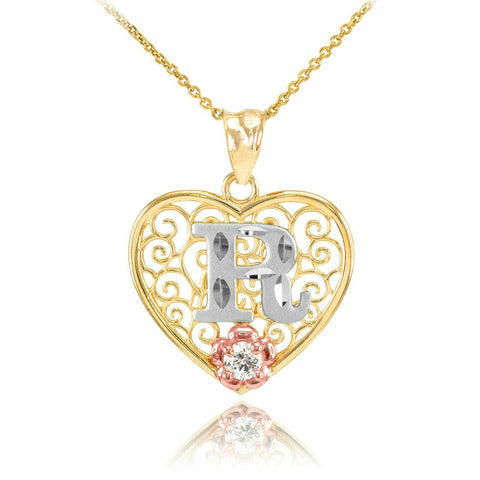 10k Solid Gold Initial Letter R Heart Filigree CZ Pendant Necklace