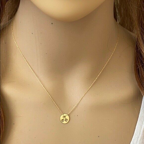 14K Solid Yellow Gold Mini Disk Disc Cut Out Cherry Dainty Necklace -Minimalist