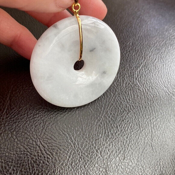 14K Solid Yellow Gold Round Large Donut Natural Jade Pendant Charm White