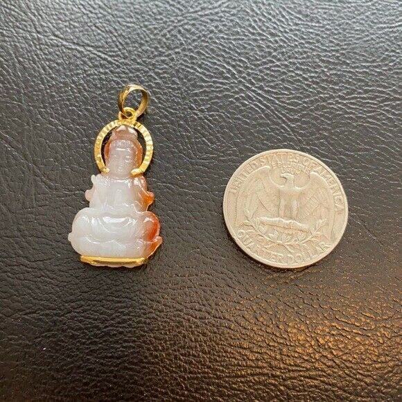 14K Solid Gold Buddha Quan/Kwan Yin Natural White Red Jade Pendant -Small