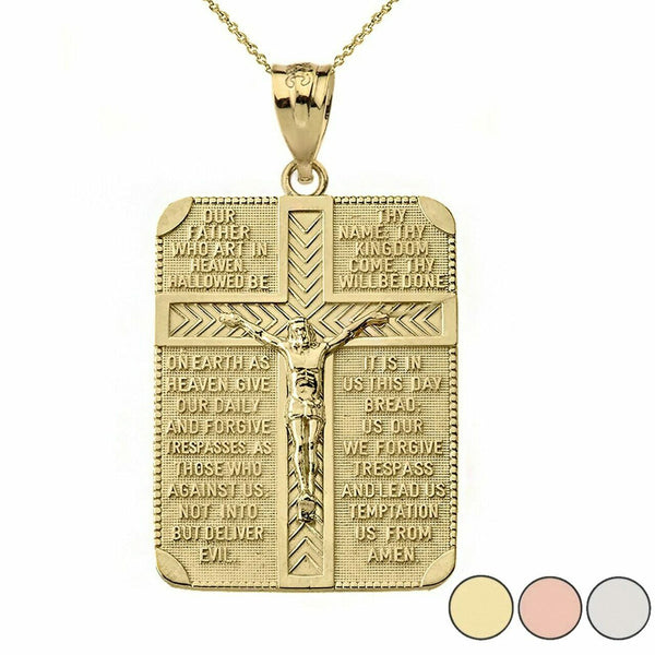Solid 14k Yellow Gold The Lord's Our Father Prayer Crucifix Pendant Necklace