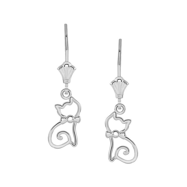 14k Solid White Gold Openwork Cat Oultine Leverback Earrings
