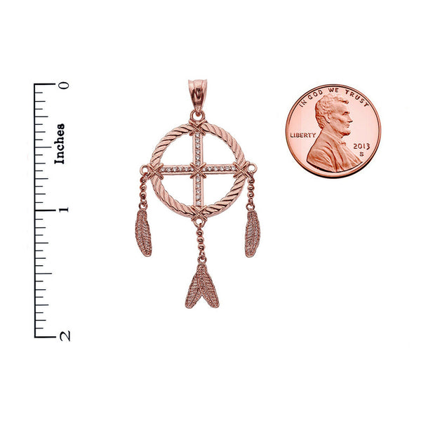 14k Solid Yellow White Rose Gold CZ Dream Catcher Pendant Necklace